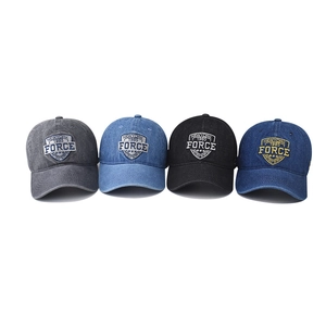 Washed vintage denim baseball caps with embroidered FORCE shield in four various colors