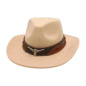 Detail of wool western cowboy hat with brown leather band and silver bull head studs