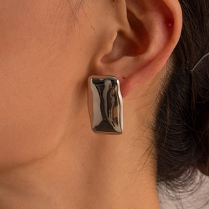 Minimalist silver lava texture rectangular earrings with high polished mirror finish