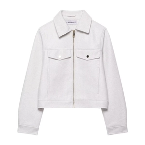 Women's light grey cropped zip-up pilot jacket with large flap pockets on white background