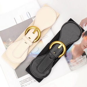 Black and cream elastic wide waist belts with vintage round gold buckles for women