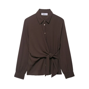 Women Long Sleeve Knot Shirt And Elastic High Waist Wide Leg Pants Crepe Fabric Fashion Casual Streetwear Dark Brown
