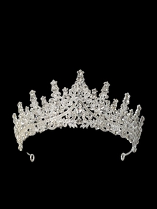 Close-up of silver crystal crown headpiece for girls with intricate rhinestone details