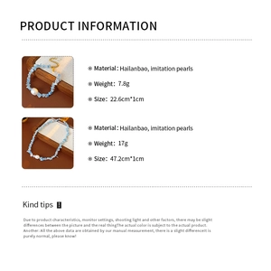 Detailed size and weight chart for aquamarine and pearl necklace and bracelet set