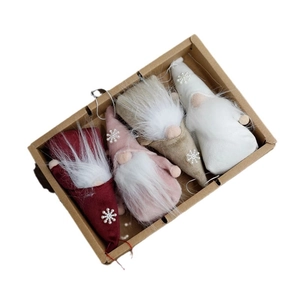 Set of 4 plush Christmas forest gnome ornaments in red, pink, grey and white gift box