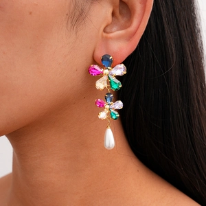 18k gold plated floral drop earrings with colorful rhinestones and white pearls