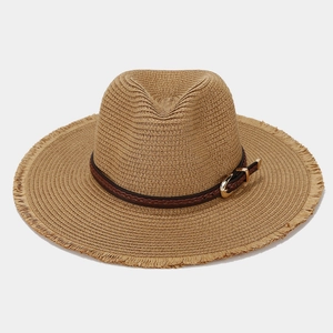 Straw fedora sun hat with woven leather belt, metallic buckle and frayed brim edge