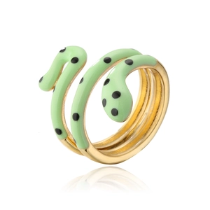 18K gold plated snake open ring with light green enamel finish and black polka dots