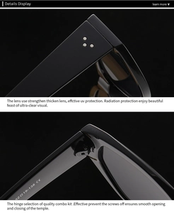 Detailaufnahme des Scharniers und Rahmens der schwarzen Cat-Eye-Sonnenbrille mit Nieten