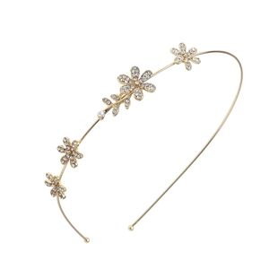 Elegant gold metal headband featuring sparkling rhinestone flowers and white pearl accents