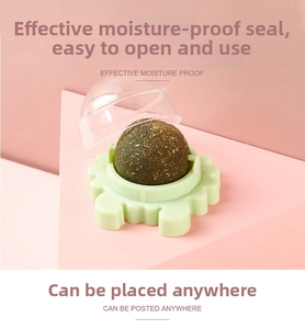 Detail view of rotating catnip wall ball with protective lid and adhesive base