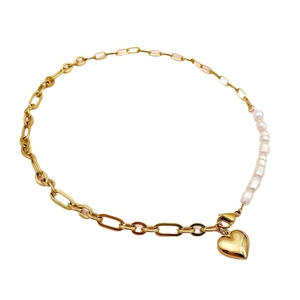 Gold heart pendant necklace with baroque freshwater pearls and oval link chain