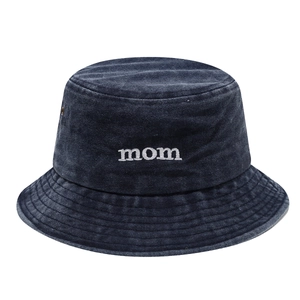 Washed cotton denim bucket hat with white mom embroidery on a clean white background