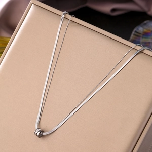 Double-layered titanium steel silver necklace with a cylinder crystal pendant