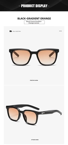Macro detail of retro square sunglasses with black frames and gradient orange lenses