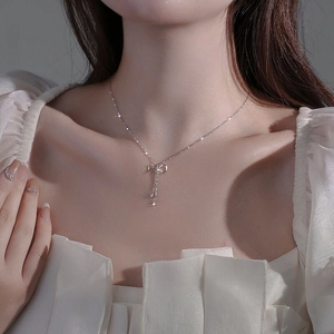 925 Sterling Silver Bowknot Tassel Necklace Elegant Rhinestone Pendant Clavicle Chain For Women Fashion Jewelry Gift