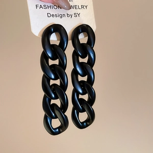 Detailed macro view of black acrylic chain tassel earrings with matte finish links