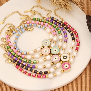 Evil Eye Beaded Bracelet Stainless Steel Shell Imitation Artificial Pearl Bohemian Adjustable Hand Jewelry For Women Fashion