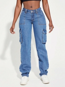 Women's vintage blue denim cargo pants with multi-pockets and a casual straight-leg fit
