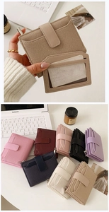 Short bi-fold beige woven wallet with multiple card slots and colorful variants display