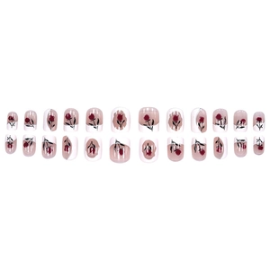 Glossy white and pink press-on nails set featuring red tulip floral patterns 24 pieces