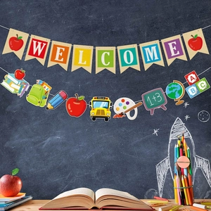 Back to school welcome banner set with colorful flags and academic icons for classroom decor