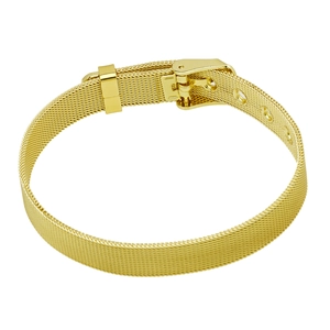 Detail of golden mesh bracelet with watchband buckle closure and adjustable holes