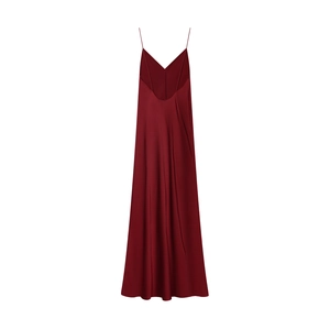 Elegant wine red satin slip dress with deep V-neck and slim fit silhouette on white background