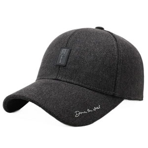 Men's dark gray wool baseball cap with side embroidery and ear flaps for winter warmth