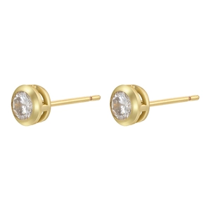 Detail view of 18K gold plated stud earrings featuring round bezel-set colorful zircons