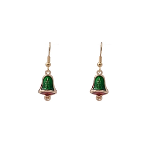 Detail view of festive Christmas bell earrings in classic red, green, and gold finish