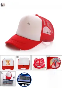 Detailed dimensions of red and white trucker hat showing adjustable strap and mesh structure