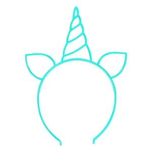 Macro detail of a cyan unicorn headband with spiral horn and ears on white background