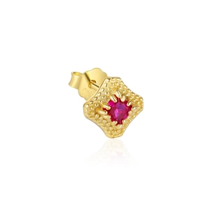 Macro view of S925 silver gold-plated studs with square rose red zircon stones