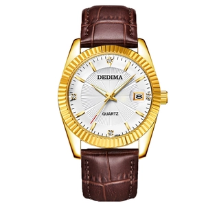 Luxury men's gold-tone quartz watch with brown leather strap and date window display