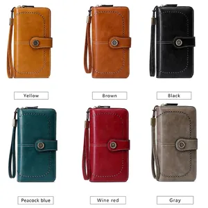 Retro RFID long trifold women's wallet in multiple colors with wrist strap