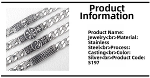 Detailed view of silver stainless steel bracelets with skull and cross pattern engravings