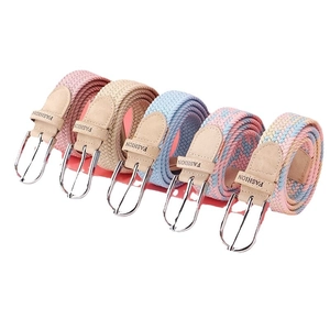 Five assorted elastic woven belts with silver pin buckles in plain and rainbow colors
