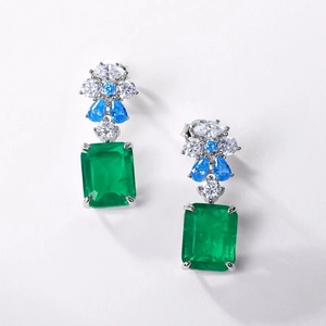 Luxurious S925 silver drop earrings with emerald green and blue gemstones in a vintage style