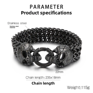Detailed specs of stainless steel skull bracelet featuring twin heads and 235x18mm size