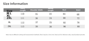Detailed size chart for the printed dress including length, bust, and waist measurements