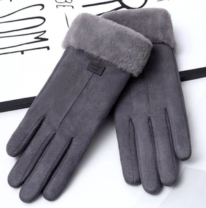 Gray winter gloves for women with faux suede texture, plush cuffs and touchscreen support
