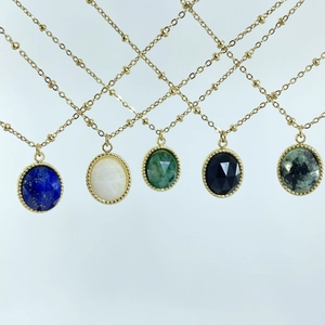 Bohemian faceted natural stone necklace set with five colors on gold beaded chains