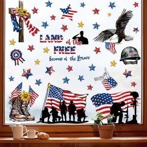 Independence Day Window Stickers PVC Static Clings Red White Blue US Patriotic Memorial Day Decor Star Soldier Silhouette