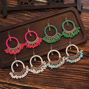 Bohemian Round Hoop Earrings Handmade Cotton Woven Seed Beads Tassel Ethnic Vintage Women Stainless Steel Earring Post