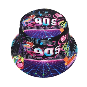 Black bucket hat with 90s vintage pop art print including radio and rubiks cube graphics