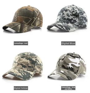 Detail showcasing four patterns of tactical baseball caps: leaf, digital blue, yellow, and grey camo