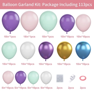 113pcs macaron mermaid balloon arch kit showing various sizes and colors of party supplies