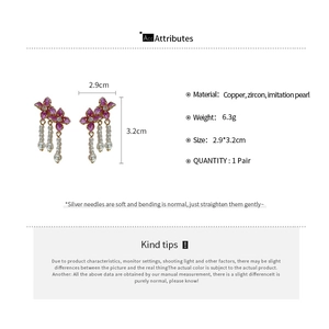 Detailed view of floral zircon earrings with artificial pearl tassels and silver needles