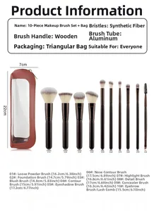 Size chart showing 10pcs makeup brush set details with a brown triangular storage bag